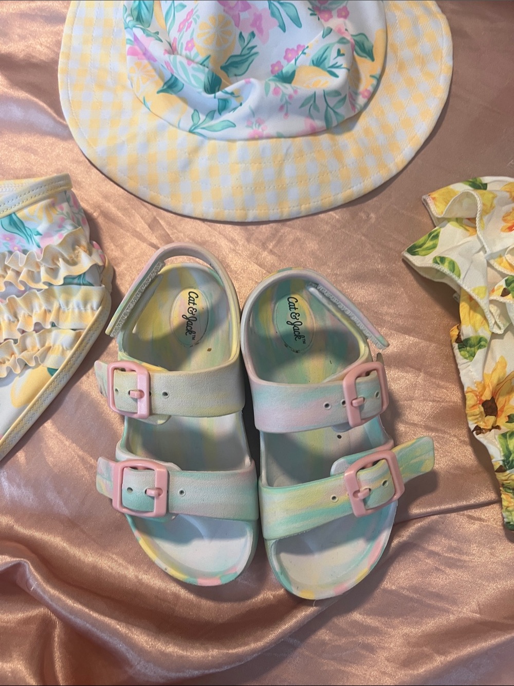 Cat & Jack Pastel Tie-Dye Double-Strap Sandals - Pink, Yellow, Blue